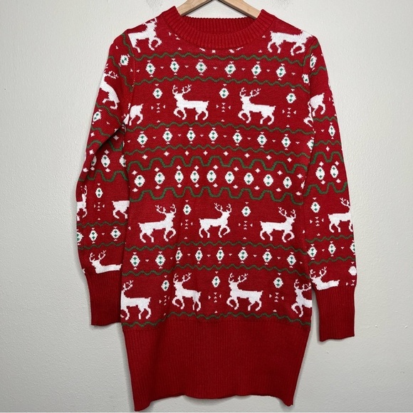 Tipsy Elves Women Sweater Dress Small Red Christmas Holiday Party Reindeer White - Picture 1 of 10